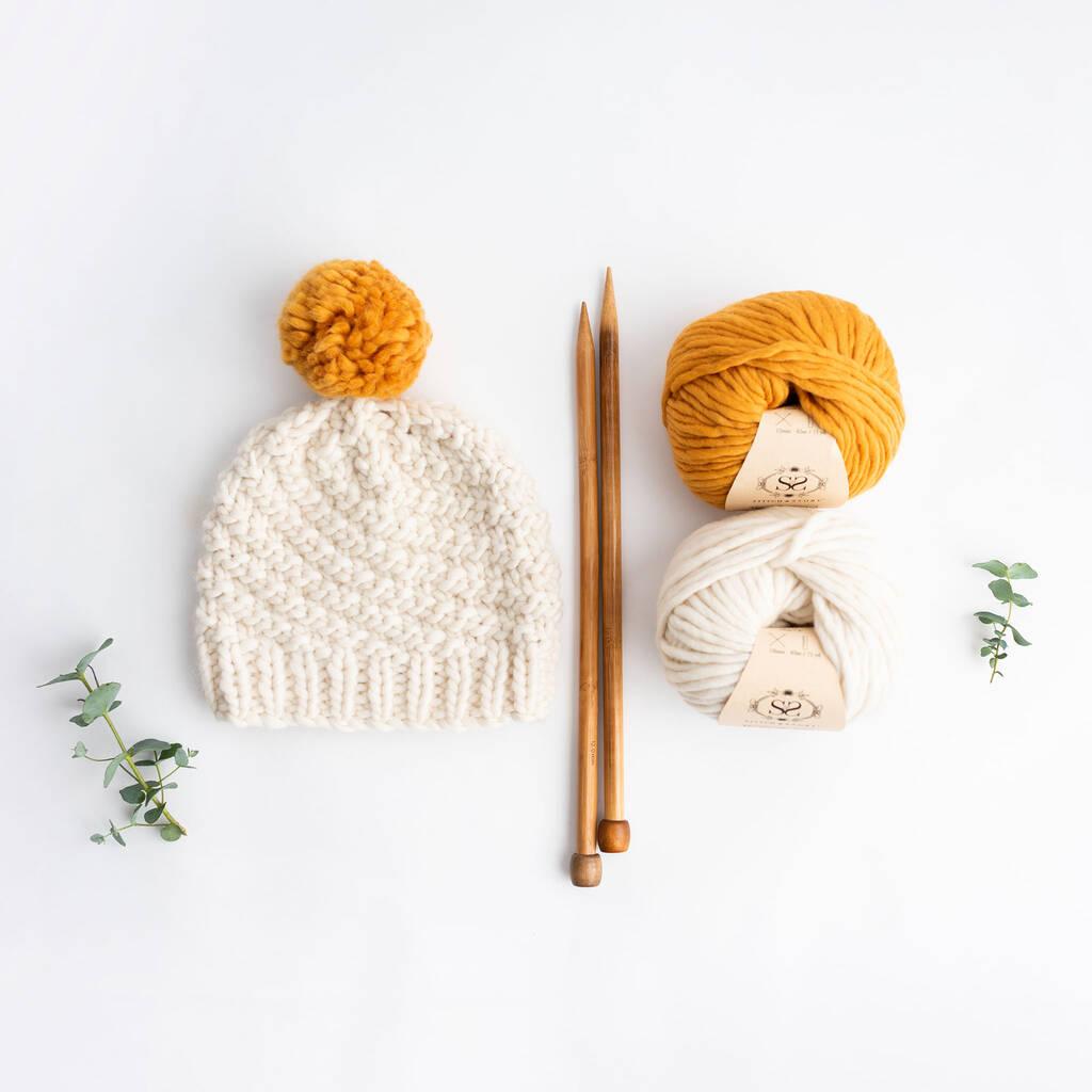 Knit Your Own Luca Pom Hat In Ivory White + Mustard By Stitch & Story ...