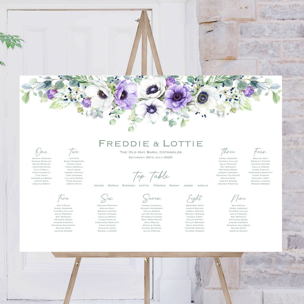 Wedding Table Plan Deep Purple And White Floral, 1 of 4