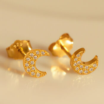 Small Moon Stud Earrings With Sparkling Stones, 2 of 3