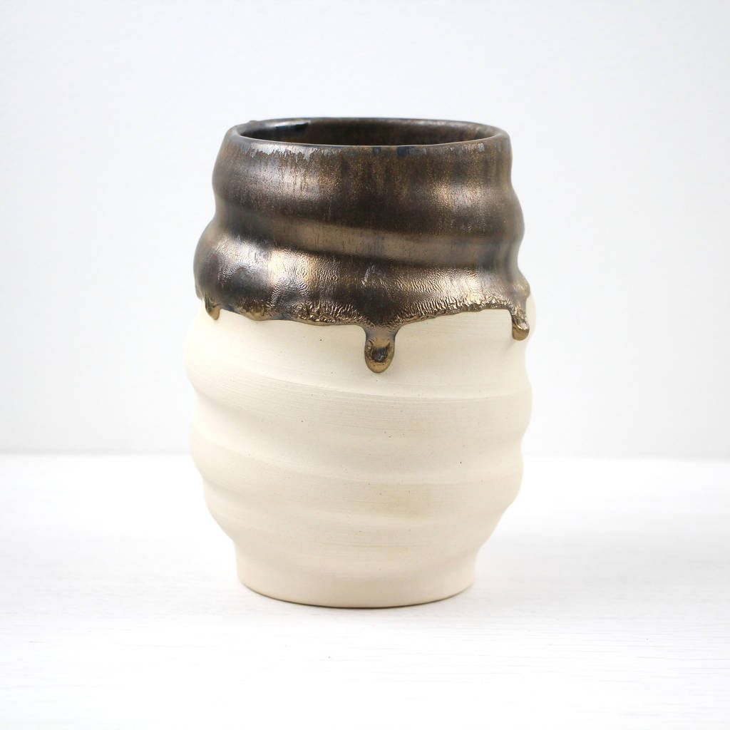 Ceramic Swirly Vase With Metallic Gold Glaze By Old Creations