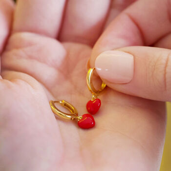 Red Enamel Heart Charm Huggie Hoop Earrings, 3 of 9