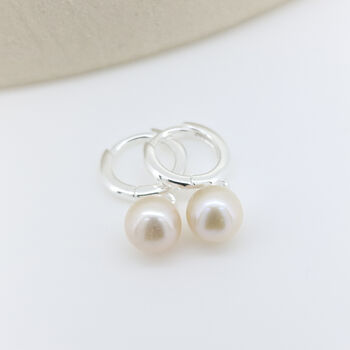 Sterling Silver Round Pearl Huggie Hoop Earrings, 3 of 5