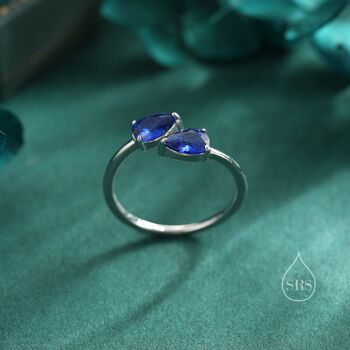 Sterling Silver Toi Et Moi Pear Cut Sapphire Blue Cz Open Ring, 5 of 12