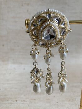 Pearl Dangle Gold Plated White Kundan Earrings, 2 of 4