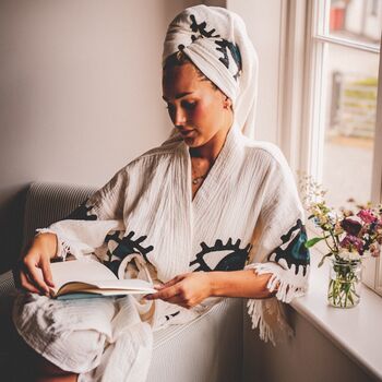 Organic Short Cotton Kimono: White With Dark Blue And Black Eye, 4 of 6