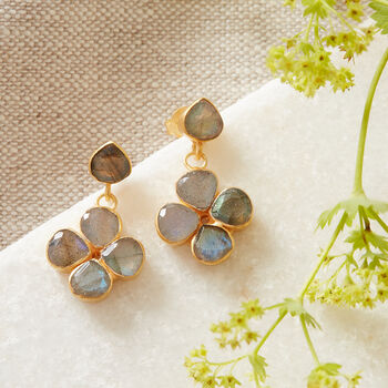 Labradorite Clover Gold Plated Silver Stud Earrings, 5 of 12