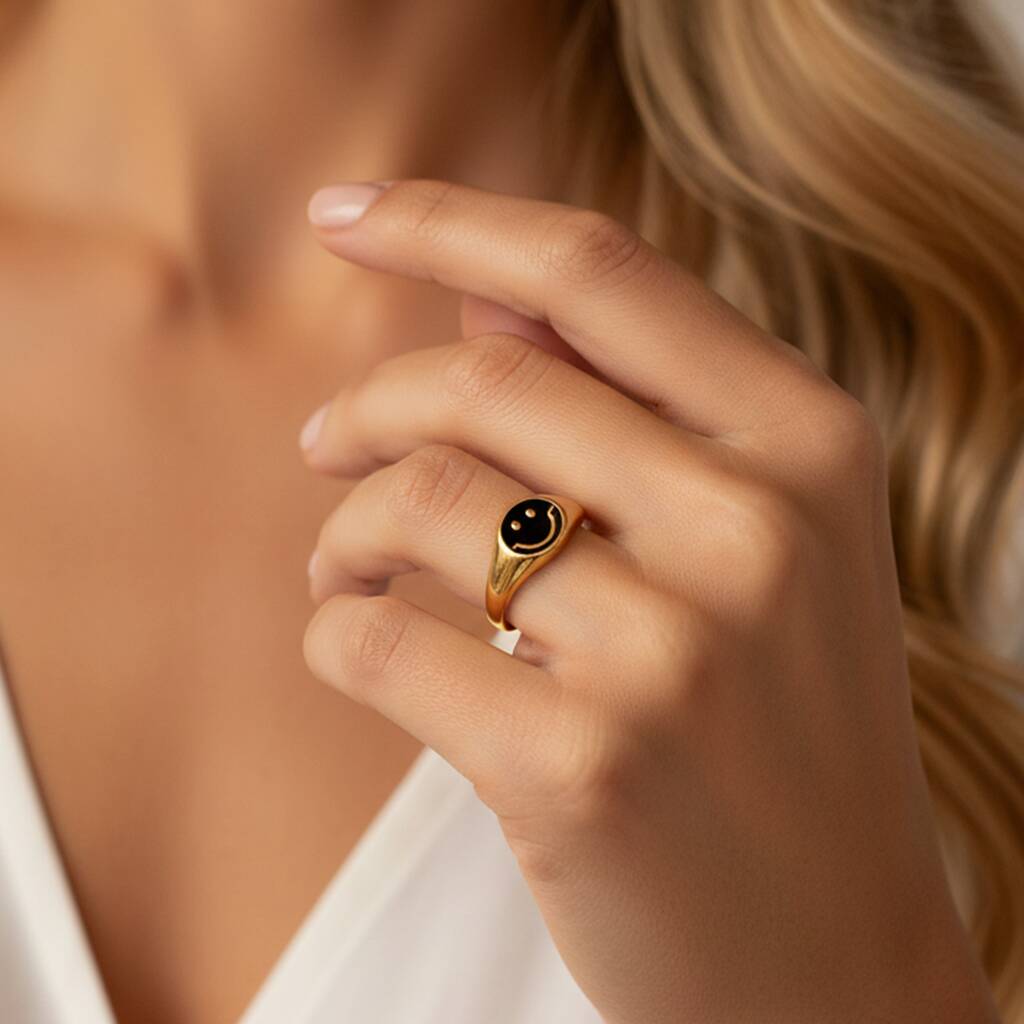 Women's Smiley Enamel Signet Ring In Gold, 1 of 4