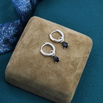 Sterling Silver Black Cz Droplet Hoop Earrings, 6 of 11