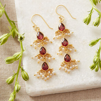 Garnet Seed Pearl Gold Plated Silver Long Drop Earrings, 4 of 12