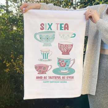 Personalised Six Tea Tea Towel 60th Birthday Present, 3 of 4
