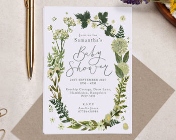Personalised A6 Green Botanical Baby Shower Invitation, 3 of 3