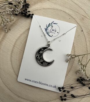 Black Crescent Moon Pendant, Filled With Pressed Flowers, 4 of 4