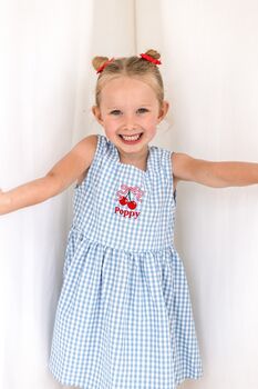 Blue Gingham Embroidered Personalised Cherry Smock Dress, 5 of 7
