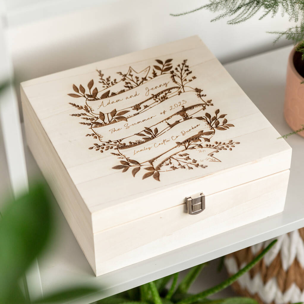 Engraved Botanical Wedding Keepsake Wooden Box, 1 of 3