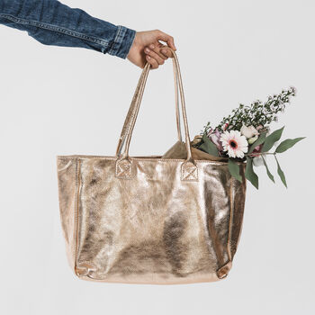 Rose Gold Metallic Leather Rectangle Large Tote Shopper, 3 of 9