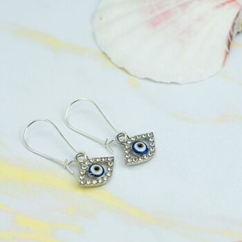 Long Silver Evil Eye Huggie Zircon Devil Eye Charm Earrings, 2 of 8