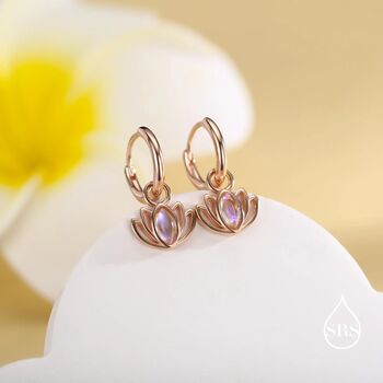 Lotus Flower Huggie Hoop Earrings With Lab Moonstone In Sterling Silver, 7 of 11