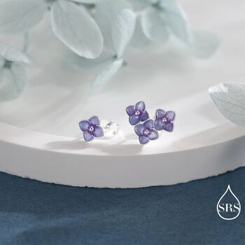 Asymmetric Hand Painted Enamel Hydrangea Flower Bouquet Stud Earrings In Sterling Silver, 3 of 12
