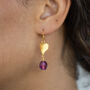 Gold Heart And Purple Bead Drop Earrings, thumbnail 3 of 3