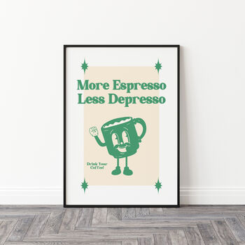 Retro Cartoon Coffee More Espresso Less Depresso Print, 7 of 10