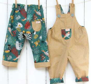 Reversible Baby Kids Cotton Jungle Sloth Trousers, 9 of 11