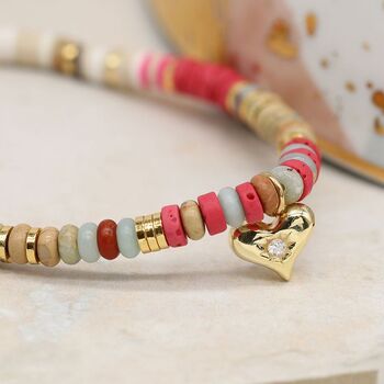 Pink Mix Semi Precious Stone Bracelet With Heart Charm, 2 of 3