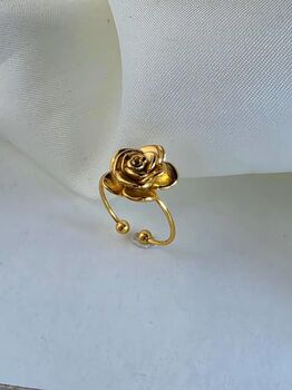 Adjustable Rose Ring Floral Raised Design, 18k Gold Stainless Steel, Waterproof Jewellery, 5 of 8