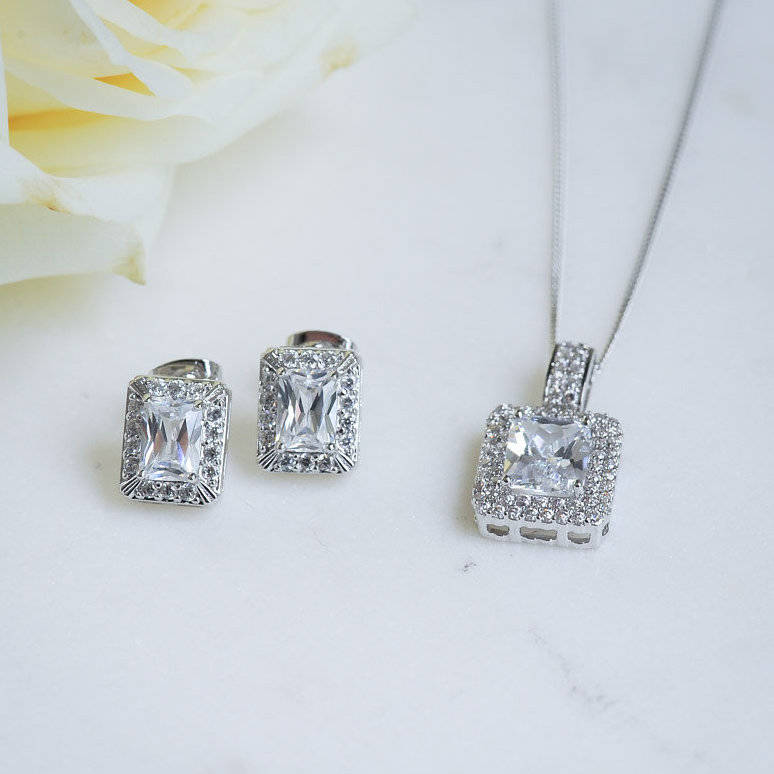 emerald cut crystal earrings and pendant set by queens & bowl