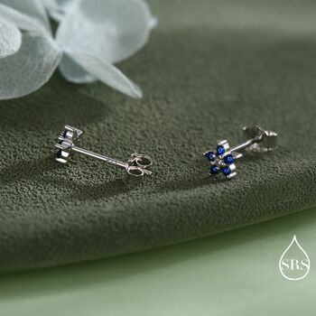Sapphire Blue Forget Me Not Flower Cz Stud Earrings In Sterling Silver, 2 of 12