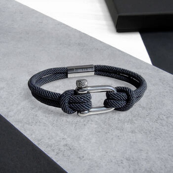 Personalised Men's Shackle And Grey Rope Bracelet, 2 of 8