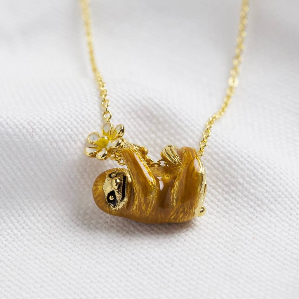 Enamel Sloth And Flower Pendant Necklace By Lisa Angel