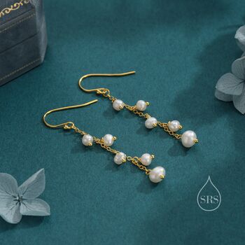 Sterling Silver Natural Freshwater Pearl Cluster Drop Dangle Earrings, 3 of 11