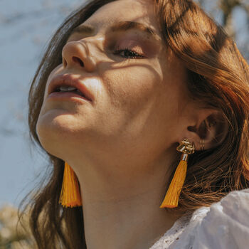 Gold Plate And Sunshine Yellow Tassel Drop Earrings, 2 of 3