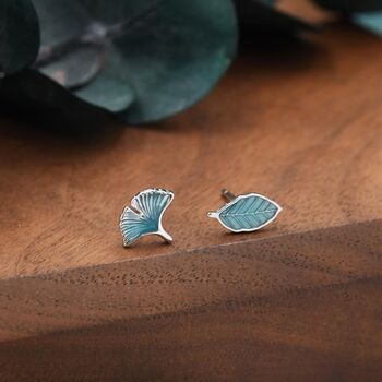 Mismatched Enamel Beech And Ginkgo Leaf Stud Earrings In Sterling Silver, 4 of 12