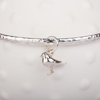 Personalised Hammered Bangle With Baby Robin Charm, 4 of 6
