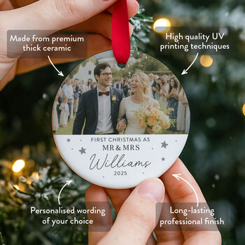 Personalised Mr And Mrs First Christmas Ceramic Ornament, 2 of 8