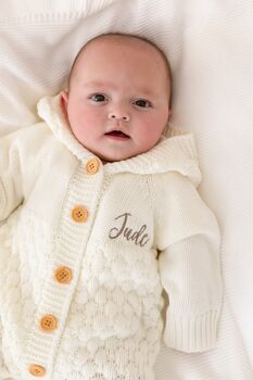 Cream Chunky Knit Personalised Embroidered Long Sleeve Pramsuit With Hood, 6 of 9