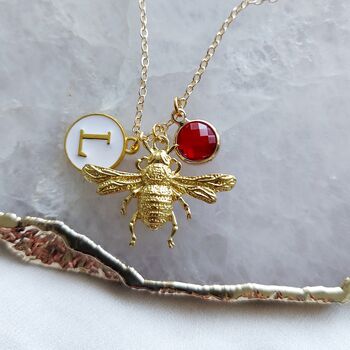 Personalised Gold Bee Initial And Birthstone Necklace, 4 of 7