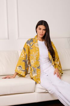 Mustard Dynastic Bird Print Light Weight Kimono, 3 of 7