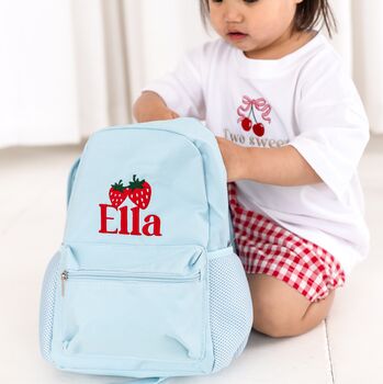 Child's Personalised Embroidered Strawberry Rucksack Perfect For Nursery, 3 of 4