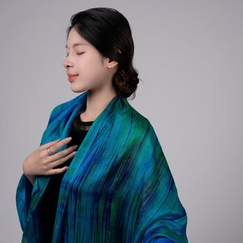 100% Mulberry Silk Scarf, Turquoise And Peacock Blue In Gift Box, 3 of 12