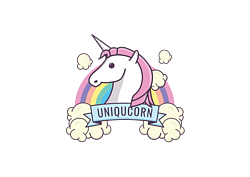 Logo for Uniqucorn Popcorn a Unicorn against a rainbow with popcorn clouds.