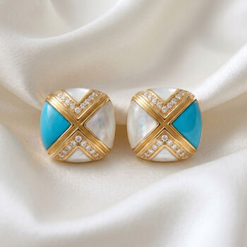 Gold Genuine Turquoise Stone Earrings With Mother Of Pearl, 2 of 7