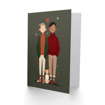 Cute Gay Couple With Pet Dog Modern Illustration Valentine's Card, 2 of 6