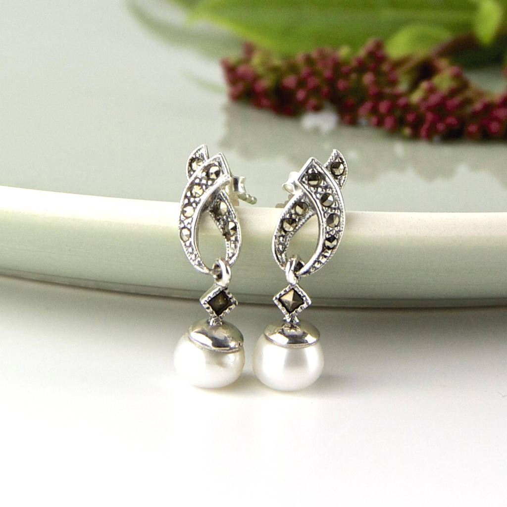 Freshwater Pearl Marcasite Drop Earrings By Gaamaa Freshwater Pearl Marcasite Drop Earrings