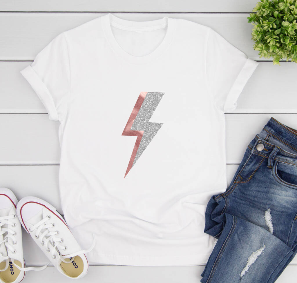 Lightning Bolt T Shirt In Rose Gold And Silver Glitter, 1 of 2