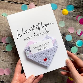 Personalised Map Anniversary Origami Heart Card For A Special Couple Wedding Venue Location, 2 of 4