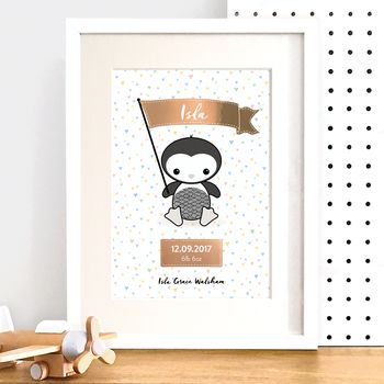 Personalised Penguin Nursery Print With Rose Gold Foil, 3 of 5