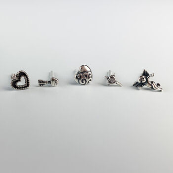 Sterling Silver Set Of Five Love Themed Stud Earrings, 5 of 6