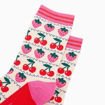 Women's Bamboo Socks Cream, Strawberry Cherry Fair Isle, 4 of 4